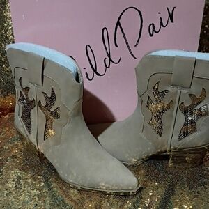 Wild Pair Taupe Suede Western Ankle Boots with Glitter Insets